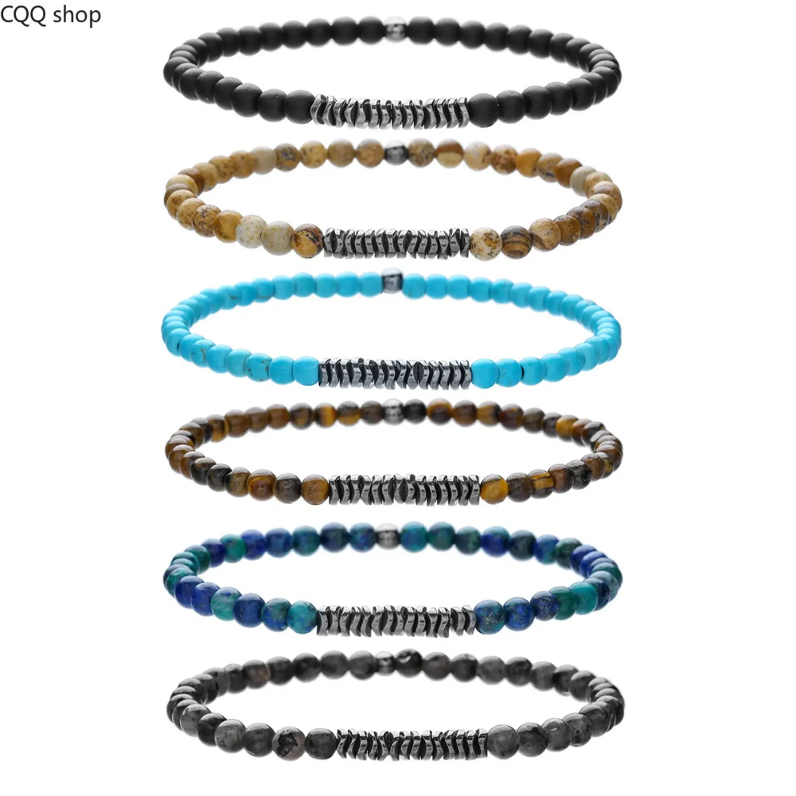 Men’s 4mm Natural Stone Beaded Stretch Bracelet, Picture Jasper, Tiger Eye & Hematite Wrist Jewelry, Healing Crystal Stackable Accessory for Daily Wear