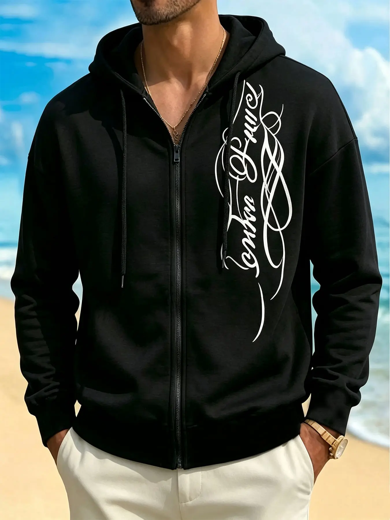 Men’s Chicano Cursive Script Letter Print Full Zip Up Hoodie, Black White Side Graphic Drawstring Hooded Jacket, Loose Drop Shoulder Long Sleeve Urban Streetwear Outerwear For Youth Spring Daily Skate Casual Night Out Outfit