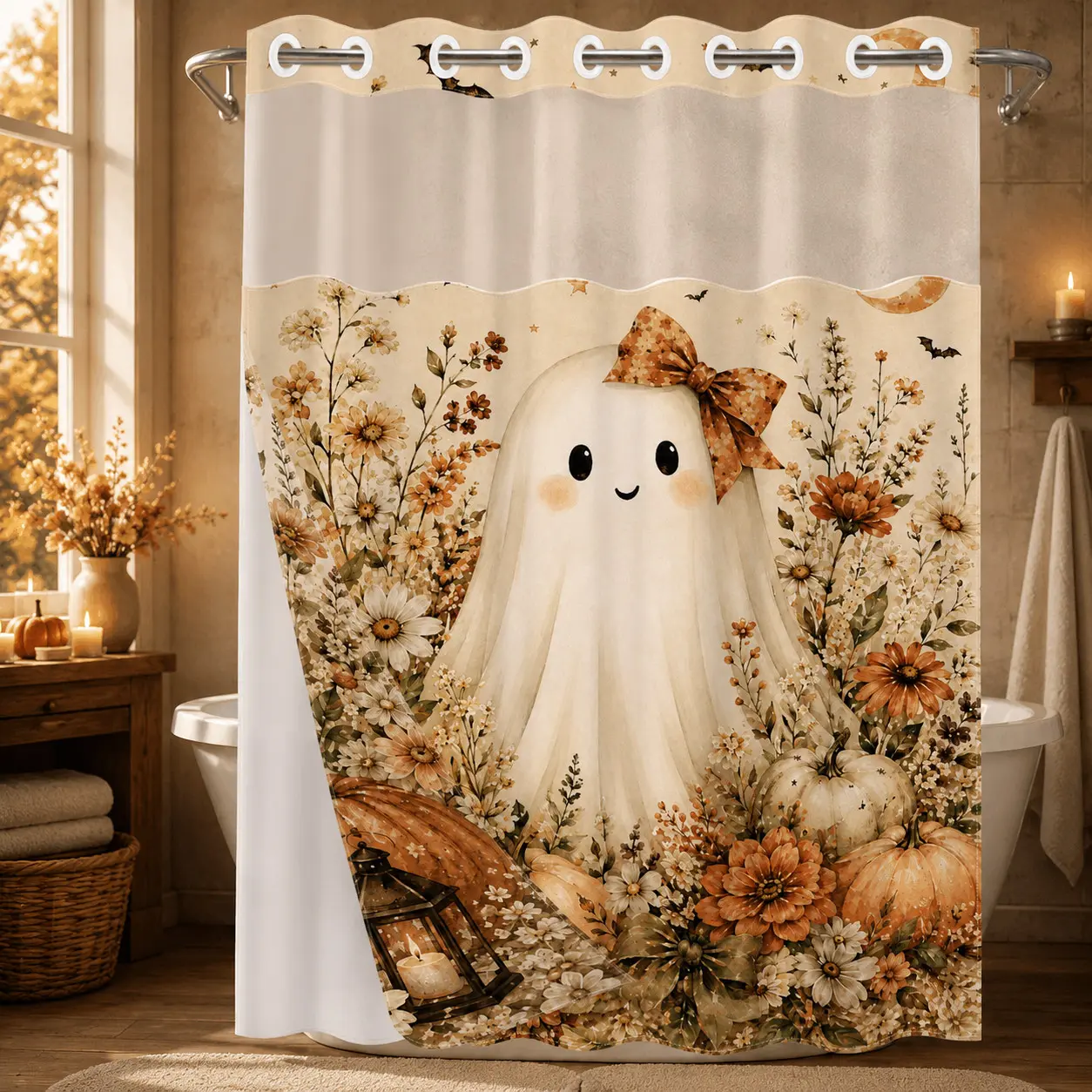 No Hooks Cute Ghost Pumpkin Floral Halloween Shower Curtain with Snap-In Liner, Double-Layer Waterproof Fabric, Sheer Mesh Top, Removable White Liner, Boho Farmhouse Bathroom Decor, Hotel, Dormitory and Bathroom Accessories, 72x75in