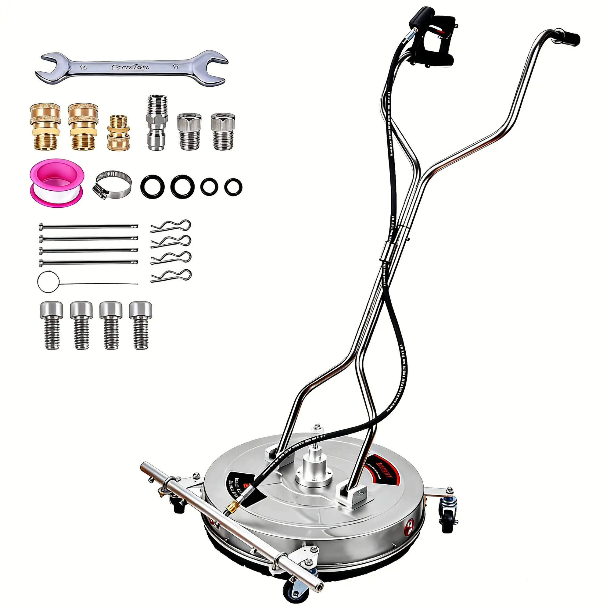 4-Wheeled Stainless Steel Flat Surface Scrubber 24", Dual Handle Ground Cleaning Attachment for Patio, Deck, Sidewalk and Driveway Washing