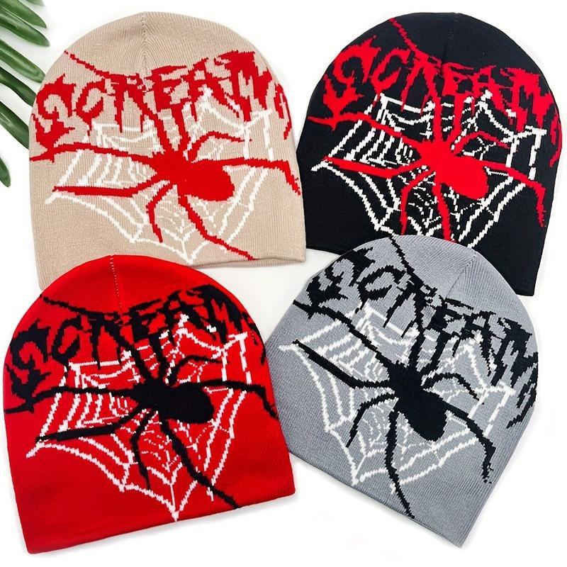 Y2K Unisex Beanie Hat with Halloween Spider Web & SCREAM Letter Design, Stretchy Elastic Band, Warm Winter Skull Cap for Streetwear, Hip-Hop, and Parties (Red/Black/White/Grey)