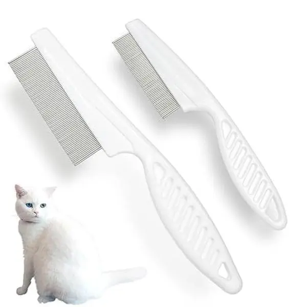 2 Set (2pcs Large 17.8cm + 2pcs Small 14cm) Multifunctional Pet Comb Kit with Ergonomic Handle - Upgrade Grooming Brush, Fine-Tooth Stainless Steel Massage Comb, Tear Stain Remover for Small Puppies/Dogs (White) for Groomers