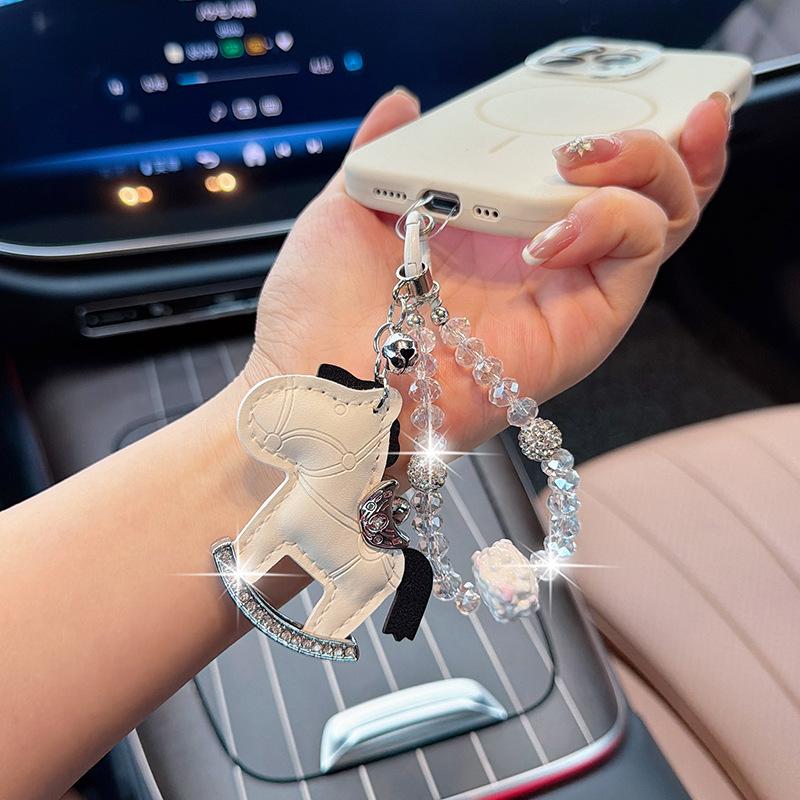 Viral Bling Leather Rocking Horse Keychain, Cute Rhinestone Pony Bag Charm, Luxury Car Key Ring Accessory for Women