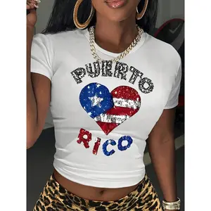 [Vibrant Puerto Rico Crop Top] Vibrant Tropical Women's Puerto Rico Graphic Crop Top - Glitter Accent Flag Heart Design, Stretchy Semi-Sheer Round Nec