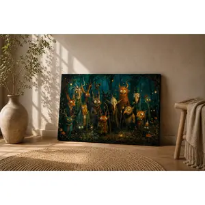 Whimsical Forest Creature Gathering Horizontal Canvas Wall Art, Dark Fantasy Poster, Ethereal Home Decor, Available as Unframed Canvas Poster or Framed Canvas Wrap