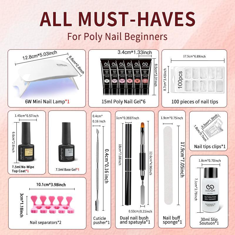 Poly Nail Gel Set, Polygel Nail Kit, 6 Colors Neutral Glitter Extension Gel Nail Enhancement Set with Nail Dryer Lamp, DIY French Design Nail Art Kit for Home Salon