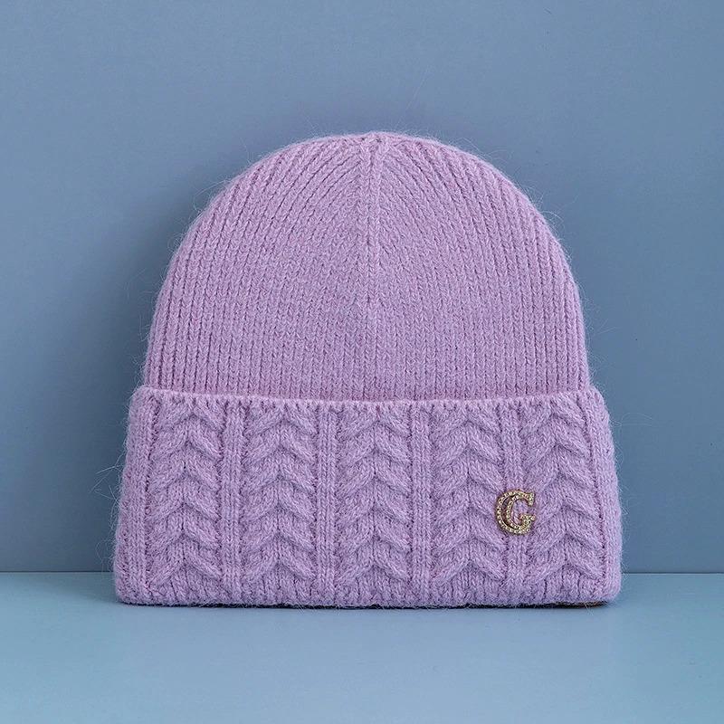 New Style Simple Chic Winter Hat G Letter Decor Rabbit Fur Beanie Elegant Winter Hats For Women Candy Colors Warm Knit Hats