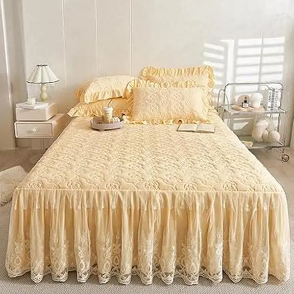 Flower Pattern Quilted Brocade Cotton Bedspread with Lace Ruffled Bed Skirt Queen Size Light Yellow