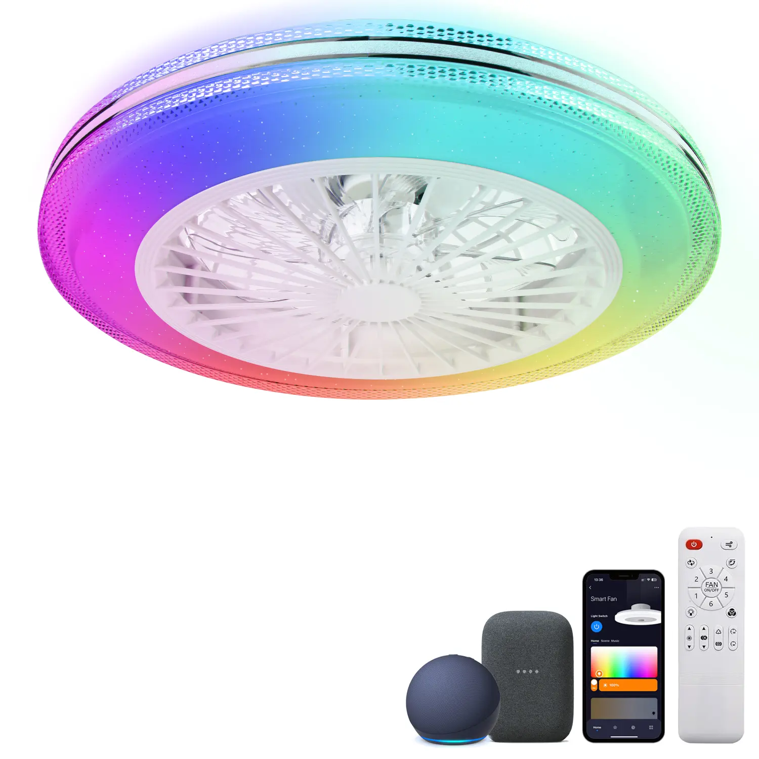 # tiktok shop ceiling fan light,   RGB Ceiling Fans with Lights 20" Fandelier Low Profile Smart Ceiling Fan with Light, Flush Mount Ceiling Fan Light with Remote/APP (RGBWW (Supports Alexa Voice Control))