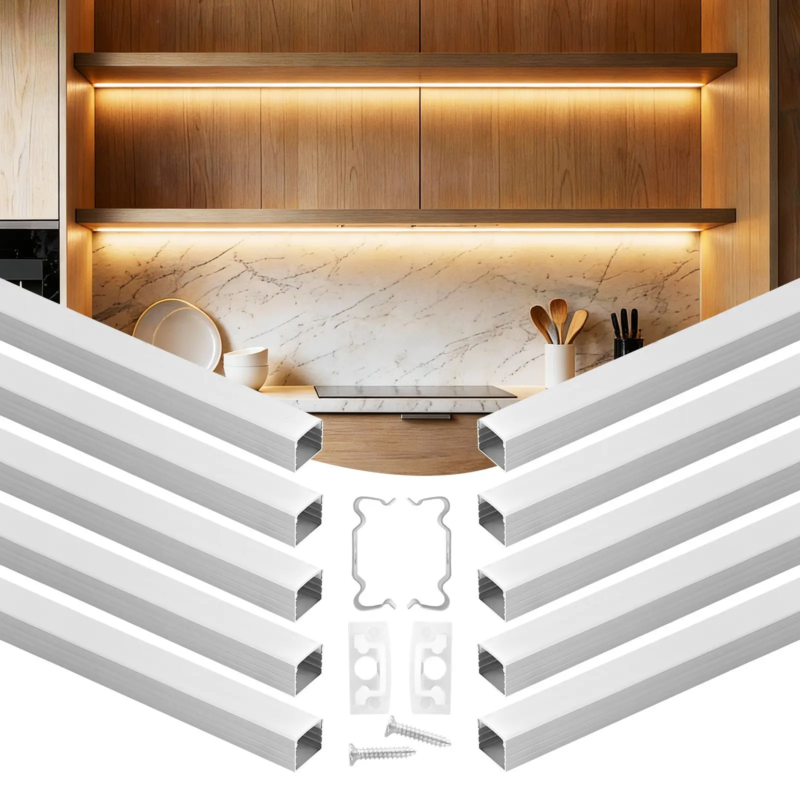 VEVOR 10-Pack 6.6ft/2M Plus-Size U-Shape LED Aluminum Channel, 6.6ft Long, with Milky Cover, End Caps, Mounting Clips, Easy-Installation Profile for Under-Cabinet, Ceiling Cove LED Strip Lights