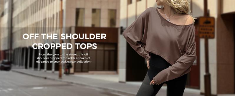 Womens Off The Shoulder Cropped Tops Batwing Long Sleeve Loose Fit Summer Boat Neck Workout T Shirts
