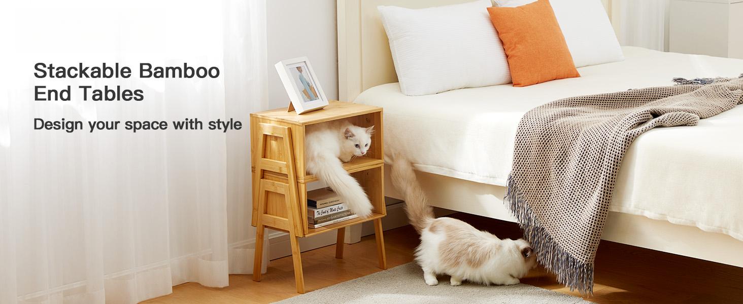 Bamboo Stackable End Tables, Wood Living Room Nightstand, Bedside Tables for Bedroom Storage, 2PCS Bamboo Stackable End Tables, Wood Living Room Nightstand, Bedside Tables for Bedroom Storage, 2PCS