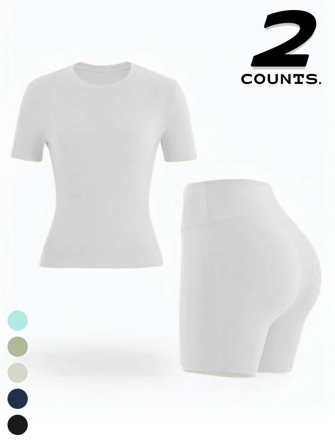 Women's Two-piece Set, Solid Color Tee & High Waist Skinny Shorts Tracksuit Set, Sporty Casual Breathable Set for Yoga Gym, Ladies Summer Sportswear, Activewear, Workout Running Clothes Women's Two-piece Set, Solid Color Tee & High Waist Skinny Shorts Tracksuit Set, Sporty Casual Breathable Set for Yoga Gym, Ladies Summer Sportswear, Activewear, Workout Running Clothes