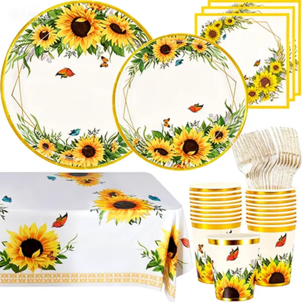 Disposable Sunflower Party Tableware Bundle - 24-Pack 7-Inch Plates, 9-Oz Cups, Napkins, Gold Foil Cutlery Set, Food Grade Paper Supplies for Party Setup, Tabletop, Wedding, Non-Toxic, No-Glue, Bright Yellow, Guest-Friendly