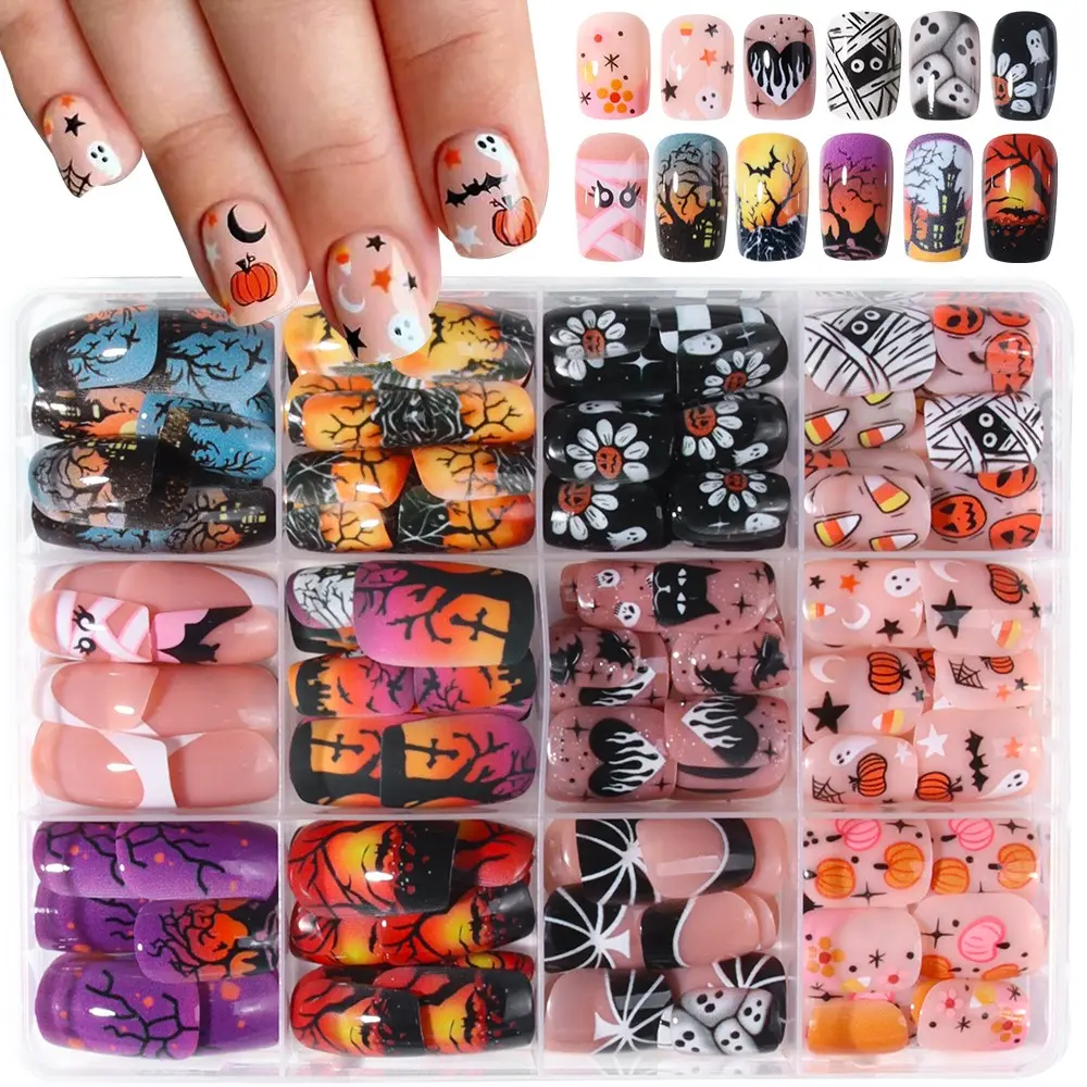 294pcs Halloween Nail Art Stickers, Nail Decals, Square Shape, Pumpkin Fortress Design, Medium Size, Acrylic Material, Perfect for Parties and Daily Use