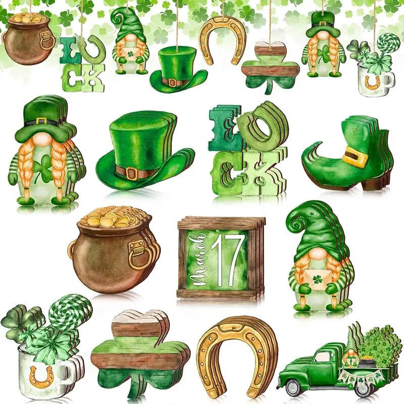 36-Piece St. Patrick’s Day Holiday Ornament Set - Reusable Wooden Shamrock, Gnome Hanging Decorations for Trees, Windows, Party Gifts (Home & Festive Supplies)