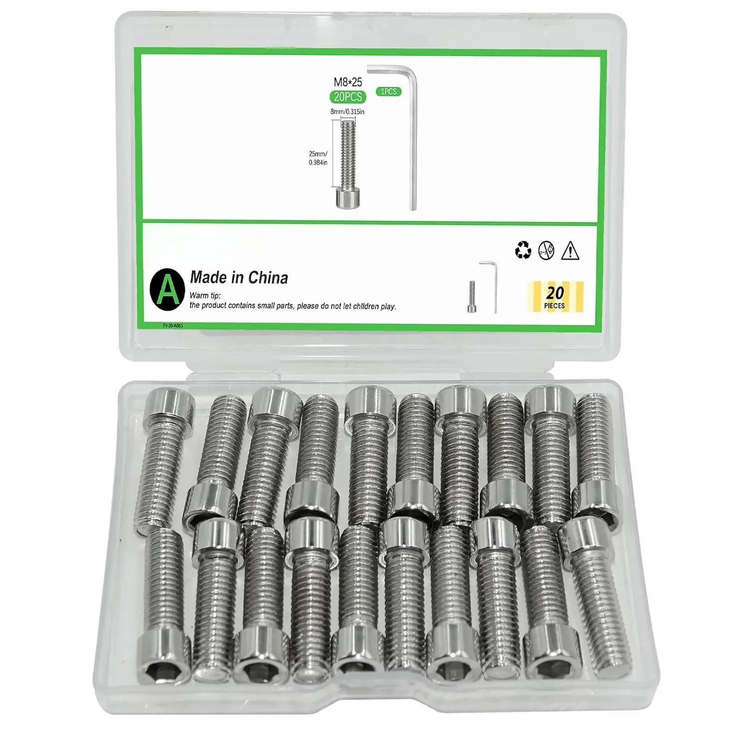 20 count M8 x 25mm Stainless Steel Allen Socket  Cap Screws, Full Thread Metric Fasteners, Bright Finish for Automotive & Machinery Use