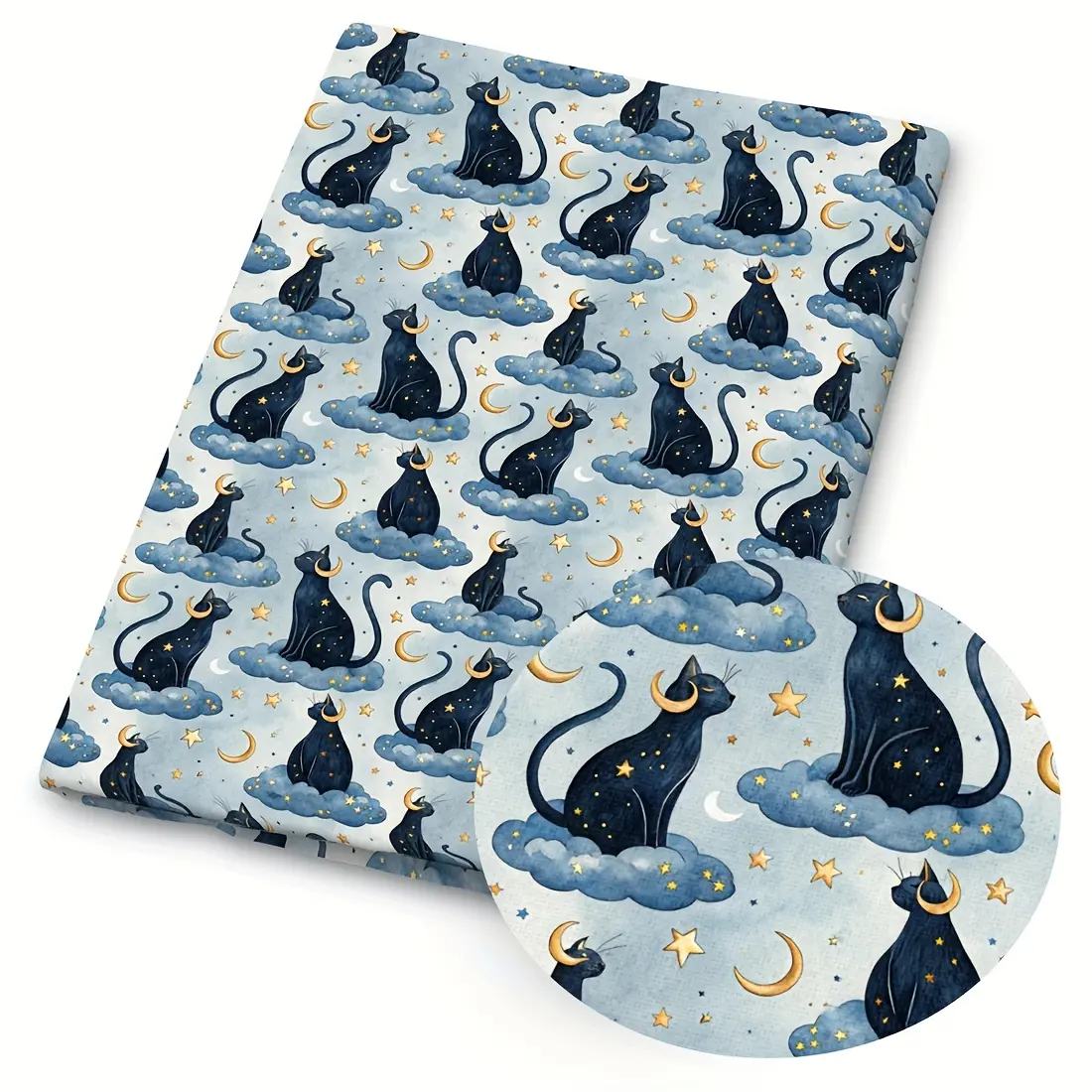 1pc Mythical Moon Cat Print Fabric - 59 X 19.68 Inches (150 X 50cm) Pre-cut Polyester Fabric with Celestial Witchy Black Cat Sublimation Design - Suitable for DIY Sewing, Scrapbooking, Tablecloths and Crafts