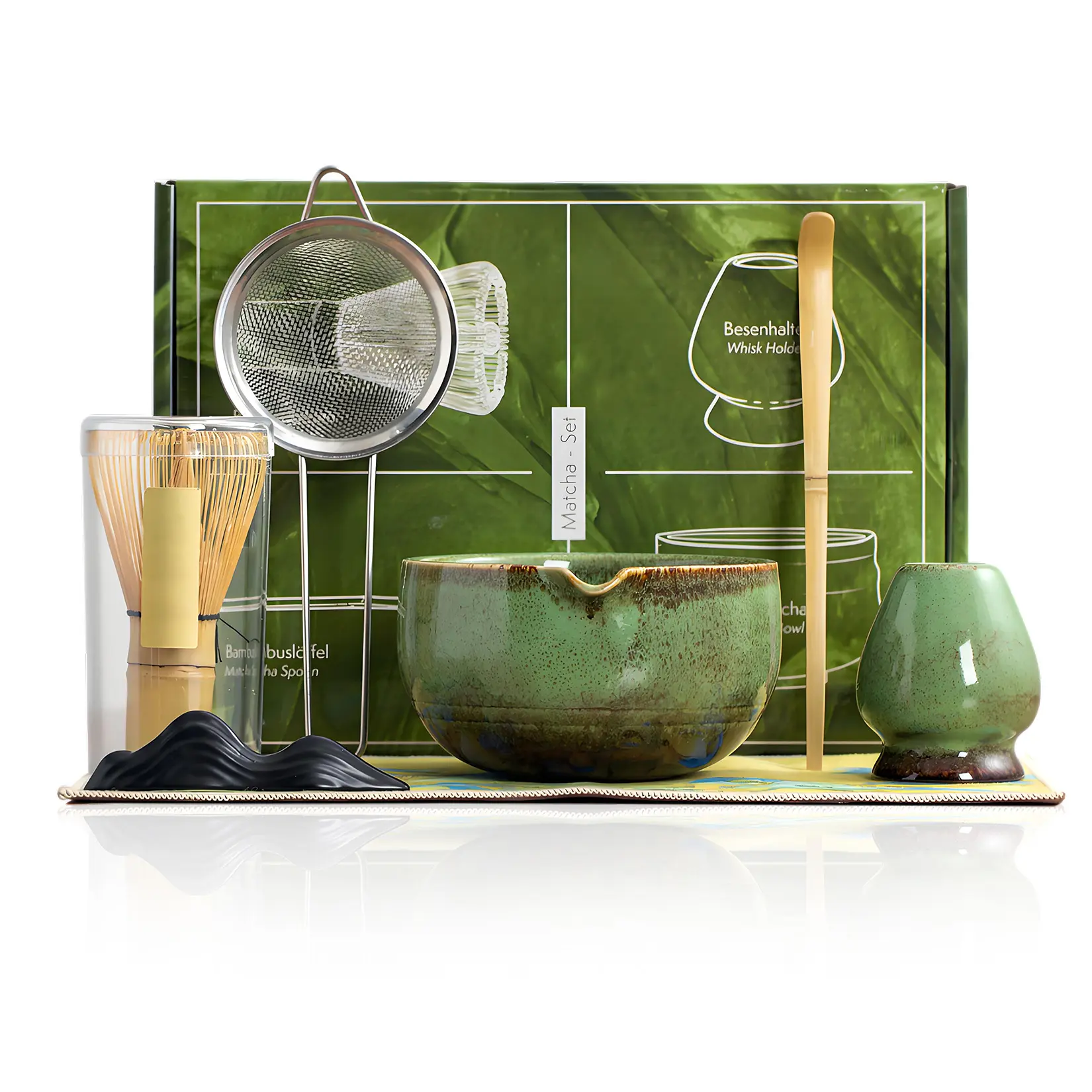 7-Piece Matcha Tea Set – Ceramic Bowl – Handcrafted Wooden Whisk & Scoop – Stainless Steel Sifter & Holder – Complete Japanese Matcha Kit for Beginners & Enthusiasts – Tea Accessories – Green, Size 24