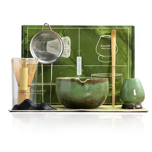 7-Piece Matcha Tea Set – Ceramic Bowl – Handcrafted Wooden Whisk & Scoop – Stainless Steel Sifter & Holder – Complete Japanese Matcha Kit for Beginners & Enthusiasts – Tea Accessories – Green, Size 24