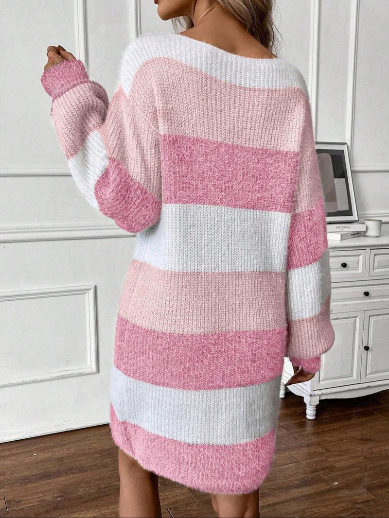 Women's Colorblock Striped Sweater Dress, Elegant Fashion Style, Perfect for Fall & Winter, Daily Wear, Parties, Valentine's Day