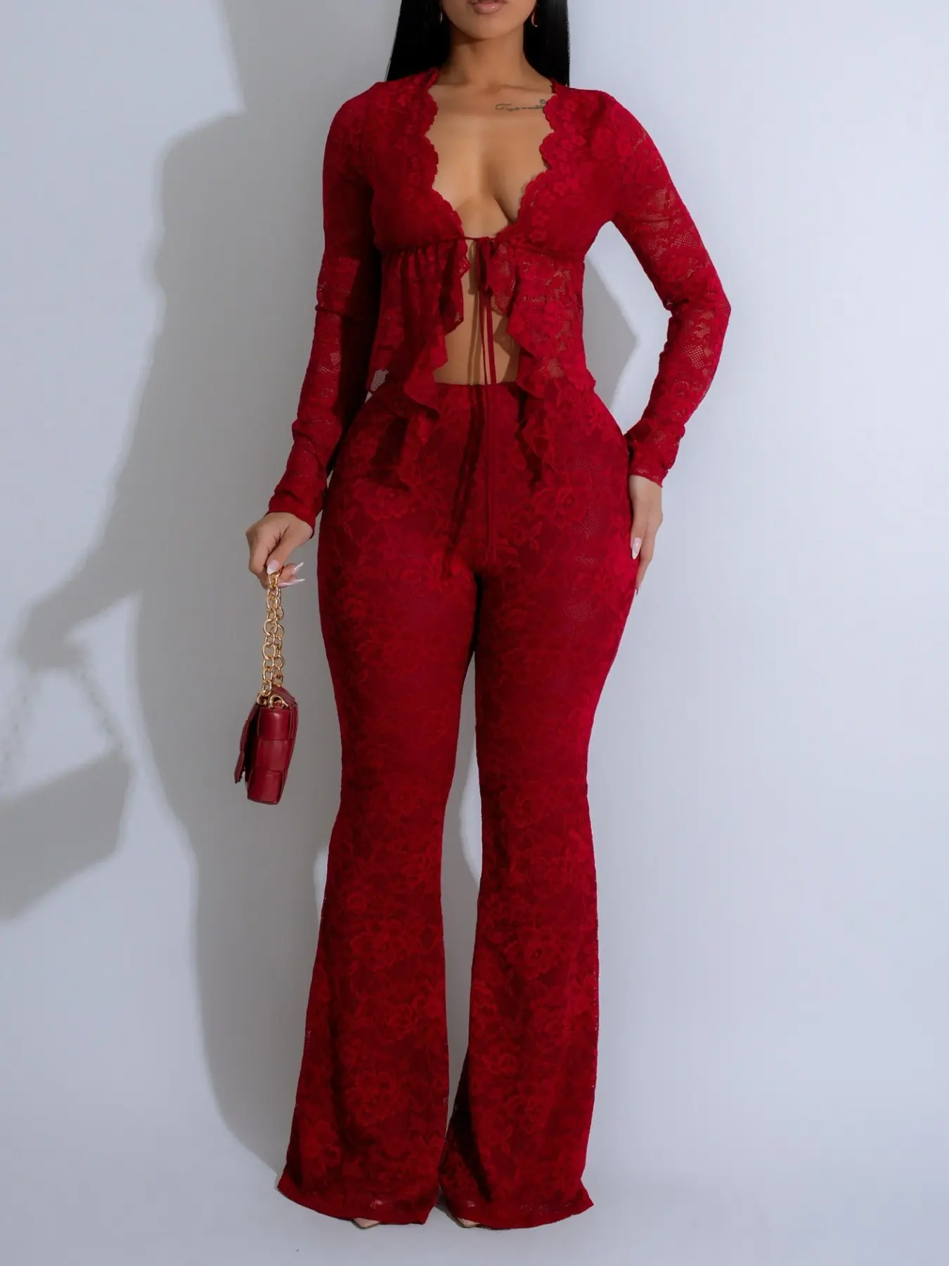 Two-Piece Set Women's Contrast Lace Sheer Tie Front Top & Elastic Waist Flare Leg Pants, Casual Long Sleeve Top & Flared Bell Bottom Trousers for Daily Wear, Ladies Summer Clothes