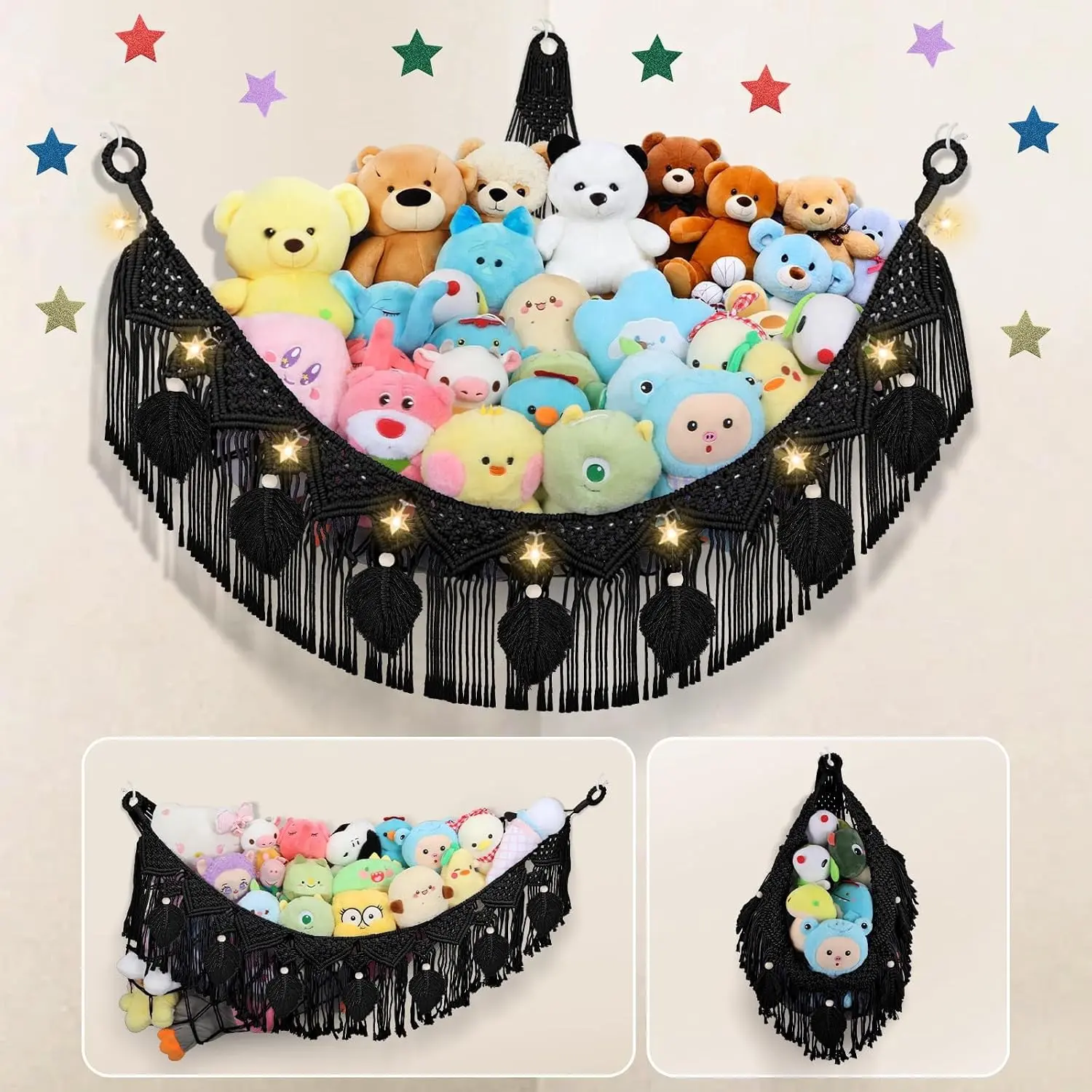 Stuffed Animal Storage Hammock Corner, 56'' Jumbo Boho Macrame Leaf Hanging Stuff Animal Holder for Teddy Plushie, Black Stuffed Animal Net Toy Storage w/Star Lights for Baby Girl Boy Gift