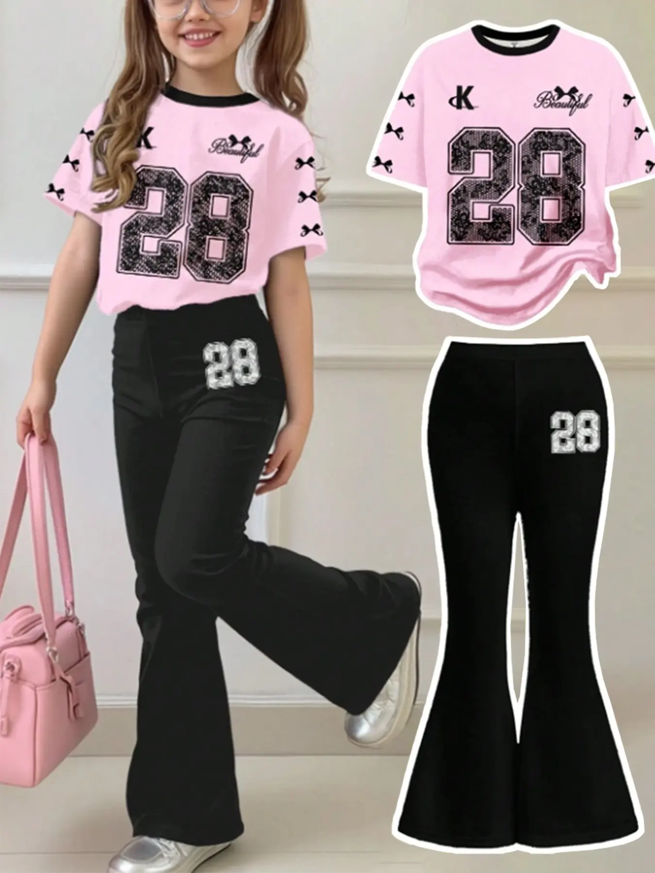 Girls' 2-Piece Summer Outfits Set: Printed Short Sleeve Top & Bell Bottom Pants, Casual Comfortable, Loose Fit, Machine & Dry Washable, Daily Wear, Summer Clothing Set