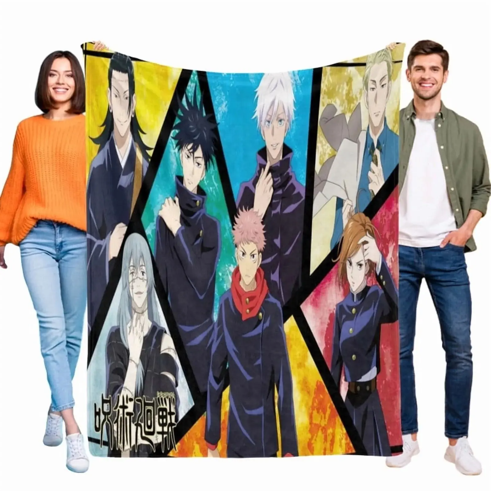 Anime Character Group Collage Flannel Throw Blanket, Color Block Geometric Panel Manga Print Blanket, Japanese Shonen Anime Soft Fleece Blanket For Sofa Bed & Anime Fan Gifts
