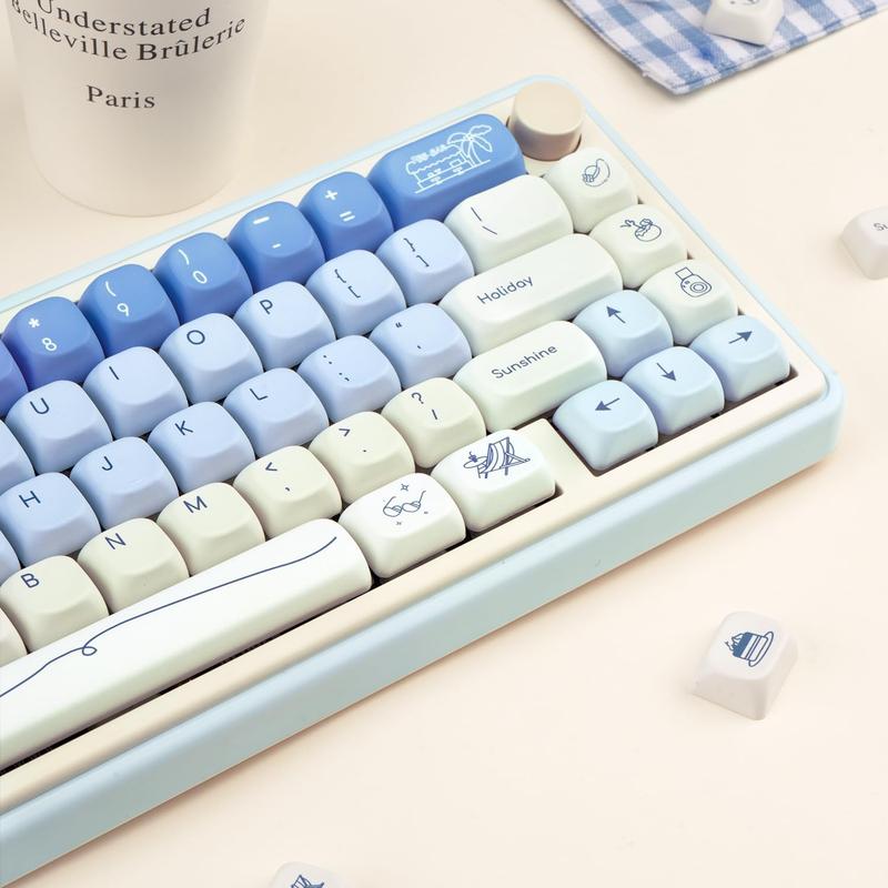 Blue White PBT Keycaps, MOA Profile, Custom Keyboard Keycap, Minimalist Style Dye Sub Keycaps, 130 Keys Anime Keycap Set for Cherry Gateron MX Switches Gaming Keyboard
