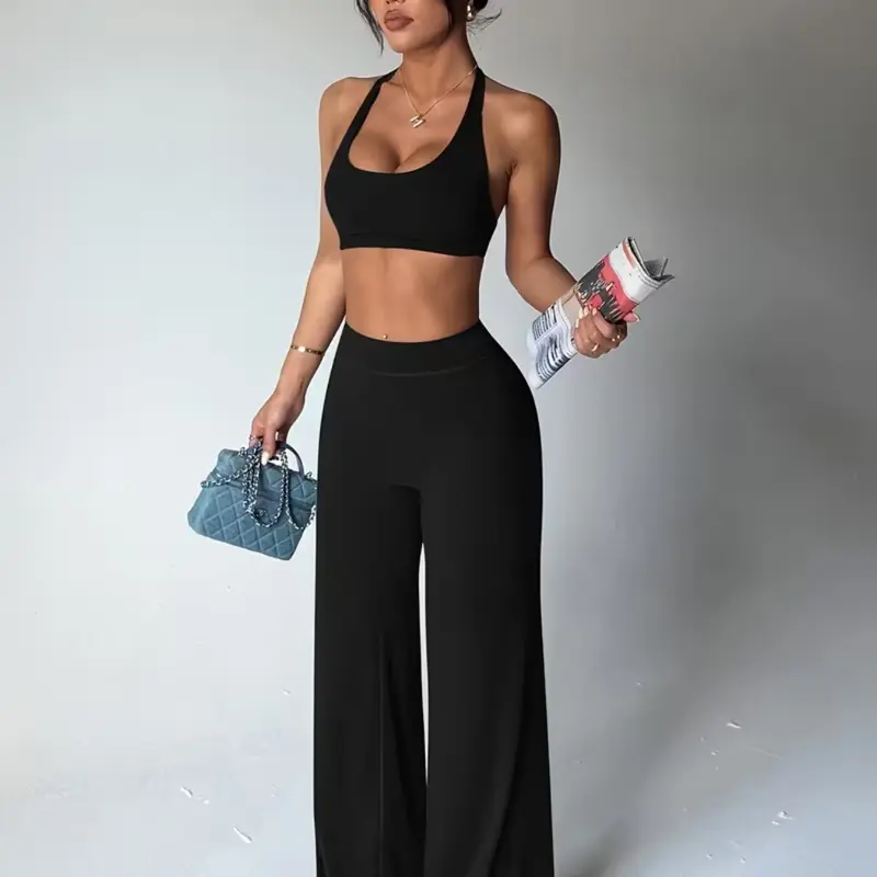 Women's Sports Bra and High-Waisted Flared Trousers Set with Detachable Chest Padding Comfortable Knit Activewear Fitness Wear All Seasons Slim Fit Sleeveless Top and Ankle-Length Pants for Daily Casual and Yoga Gym Yoga Outfits Activewear Workout Set