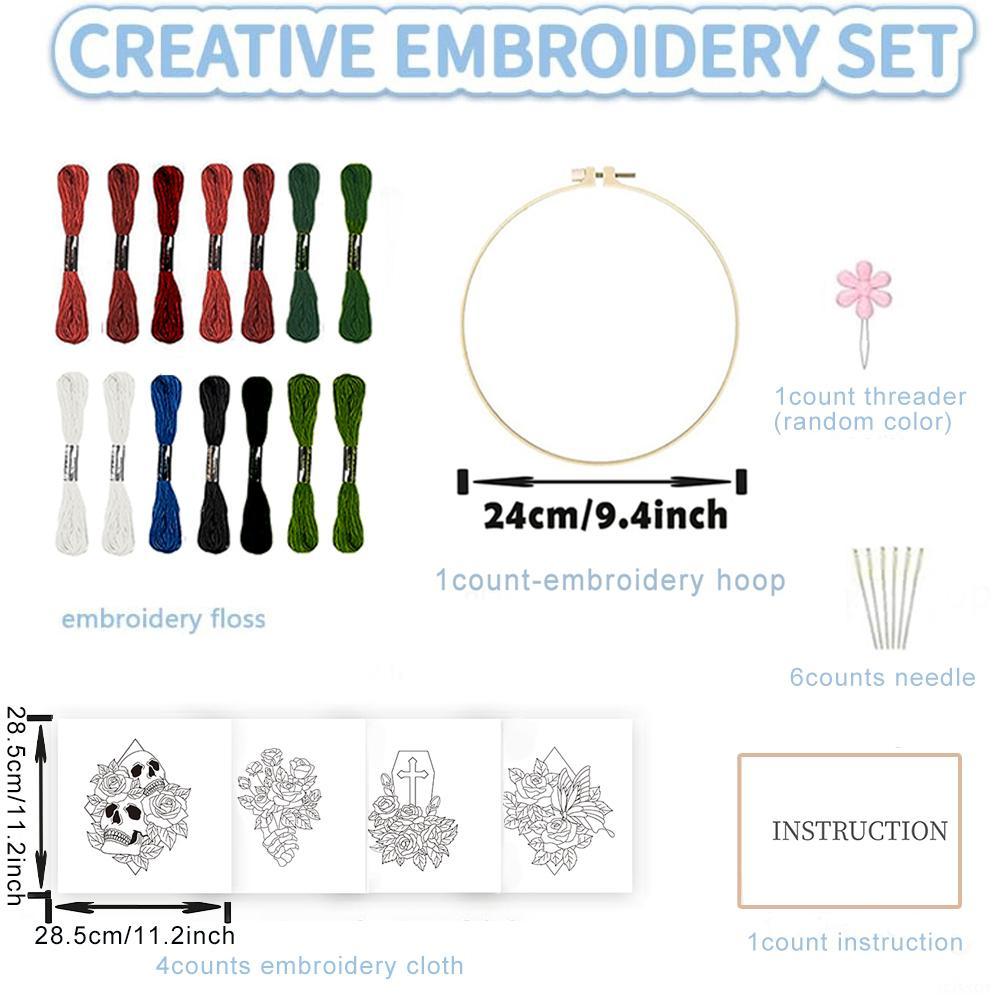 Skull & Flower Pattern Embroidery Kit, 4 Counts/set Diy Embroidery Kit with Random Color, Tools & Instructions, Embroidery Supplies for Beginners, Embroidery Design