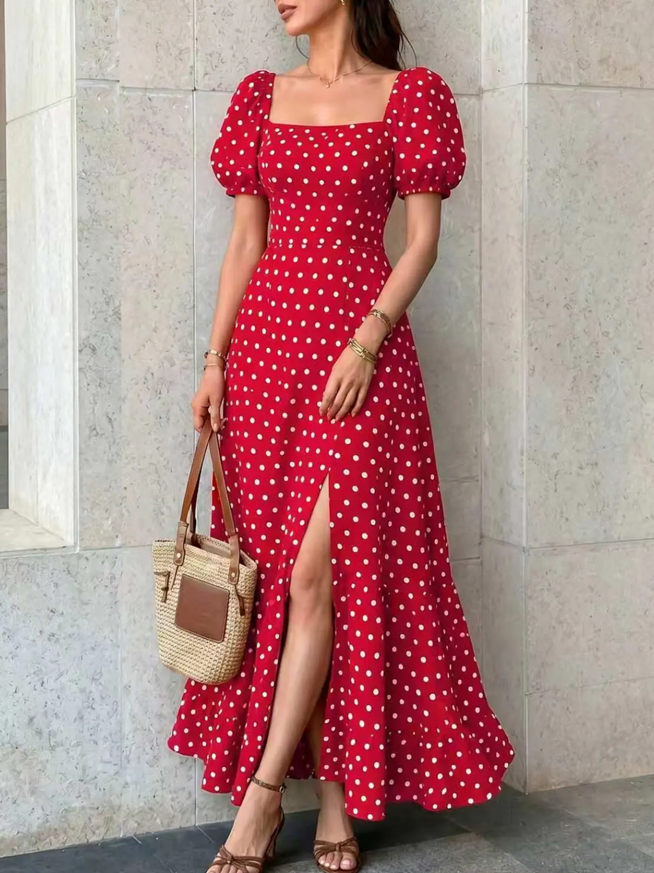 Women's Summer Fashion Boho Square Neck Elegant Chic Short Sleeve Polka Dot Print Dress, Fitted Slimming Vacation Party Holiday Dress