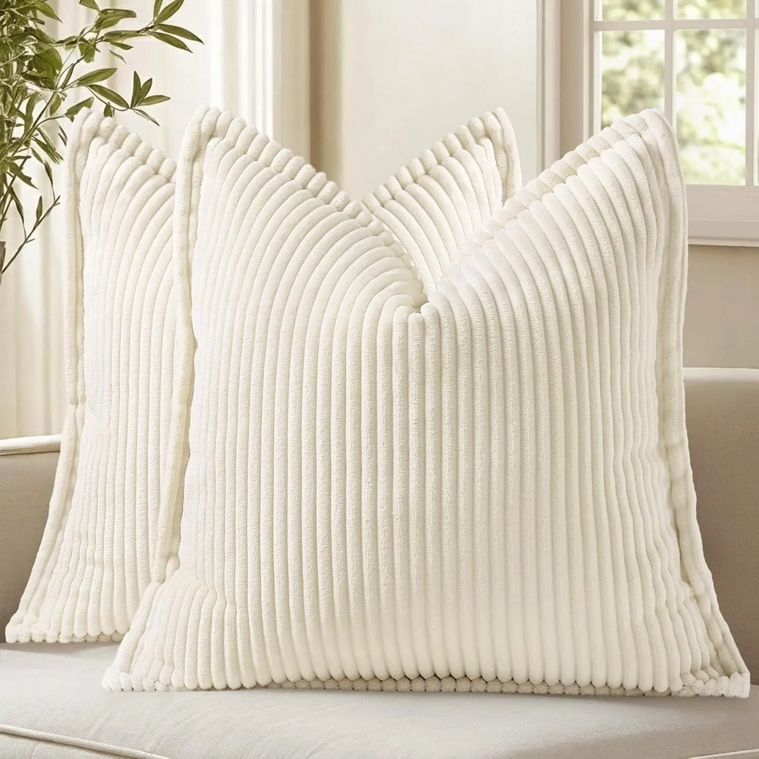 Fall Corduroy Cream White Euro Sham Throw Pillow Covers 24x24 Set of 2 Decorative Soft Boho Farmhouse Couch Pillow Covers for Living Room Bed Sofa Broadside Striped Pillow Cases