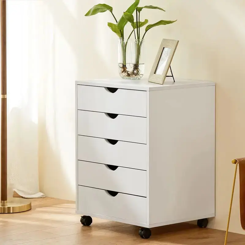 Aobtkel Wood Nightstand Cabinet 5 Drawers Waterproof Surface Storage Organizer File Office Easy To Move Bedside Table Rotating Wheel