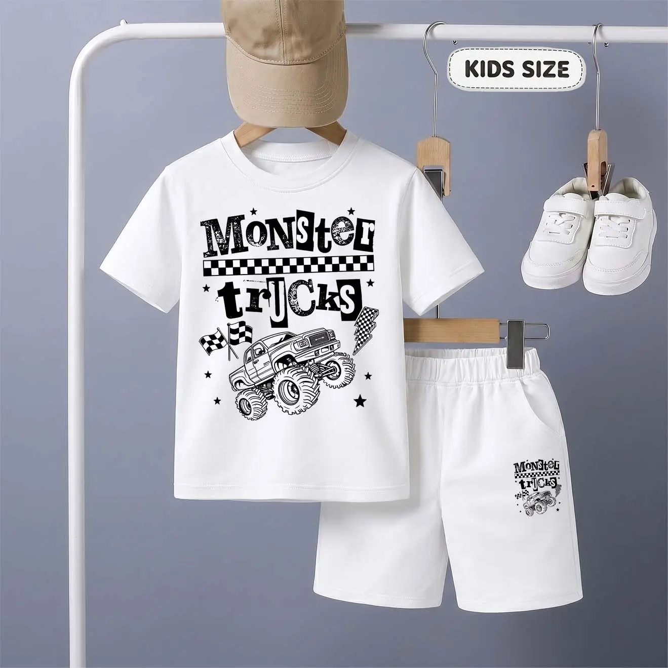 Boys' 2-Piece Outfit, Loose-fitting Monster Trucks Print T-Shirt & Shorts, Adorable Style Casual Kids Size Clothing for Everyday Wear, Basic, Cartoon, 10-11Y(150), 12-13Y(160), Crew Neck, Lightweight, Short-Sleeve T-Shirt, Breathable, Printed, Set Combo,,