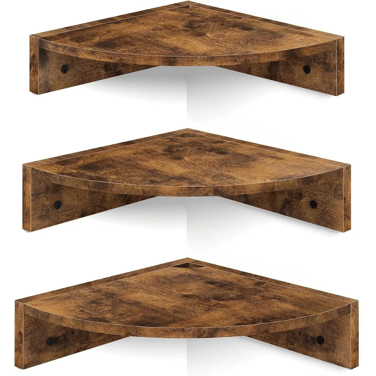 Rustic Brown & Black Wall-Mount Floating Corner Shelves, 3-Tier Set with Cord Hole, Decor Storage Home Organizer for Bathroom/Kitchen