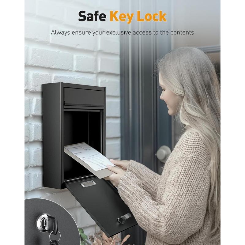 Wall Mount Mailbox for Outside, Locking Mail Box, Large Mailbox with Key Lock,  Mail Box for House, Safe Key Drop Box,  Box, Steel  Drop Box for Home Office School, Black