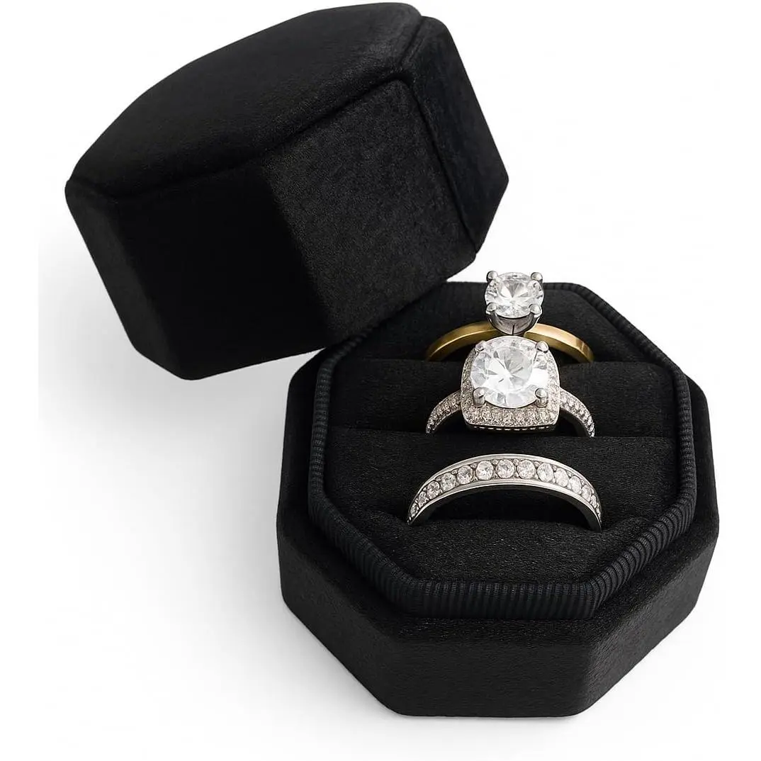 Black  Ring Box for 3 Rings – Triple Slot Engagement Ring Holder, Wedding Band Display Case,   Box