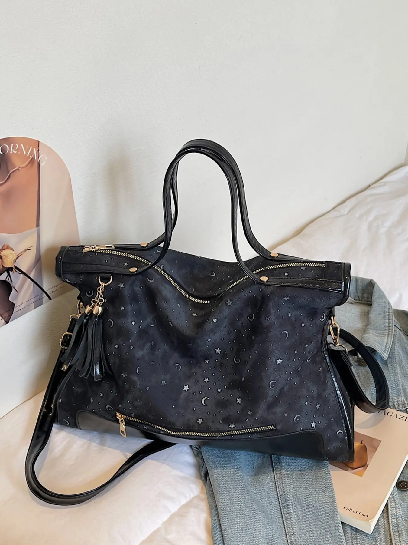 1pc Ladies' Starry Moon Printed Tote Bag, Double Handle, Comes with Tassel Hanging Accessories and Adjustable Shoulder Straps, Multi Zipper Layered Large Capacity, Suitable for Commuting, Traveling, and Daily Commuting Essential, Daily Commuter Bag