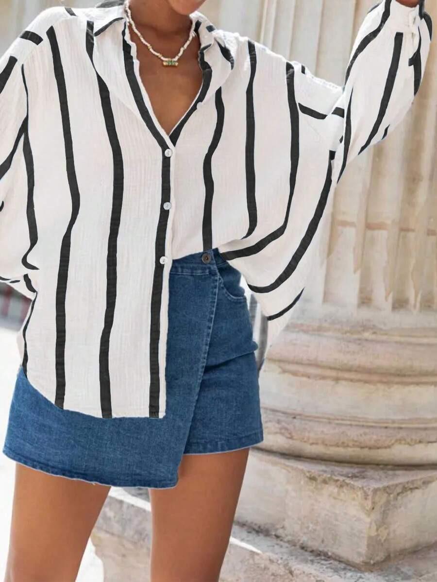 2026 European and American autumn and winter new long-sleeved button-up cardigan women's striped shirt women's vintage striped