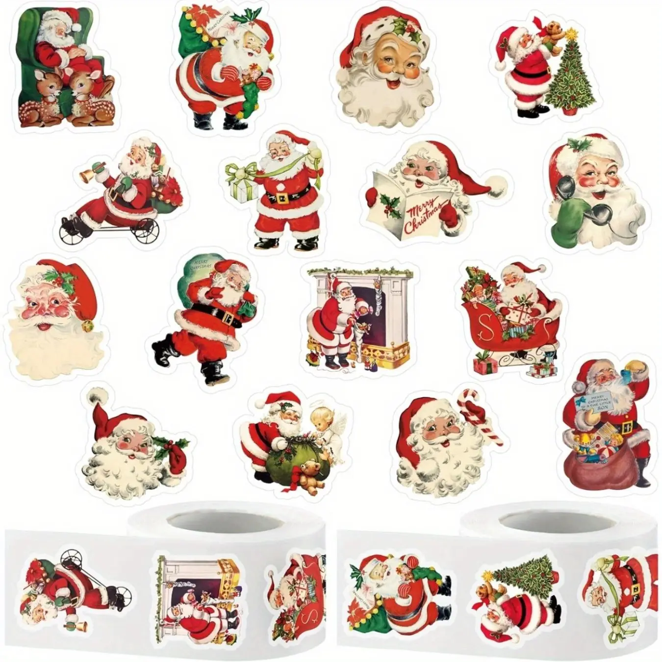 500 Sheets Retro Santa Sticker Roll, Assorted Vintage Christmas Designs, Decorative Decals for Holiday Party Wrapping & Craft Supplies