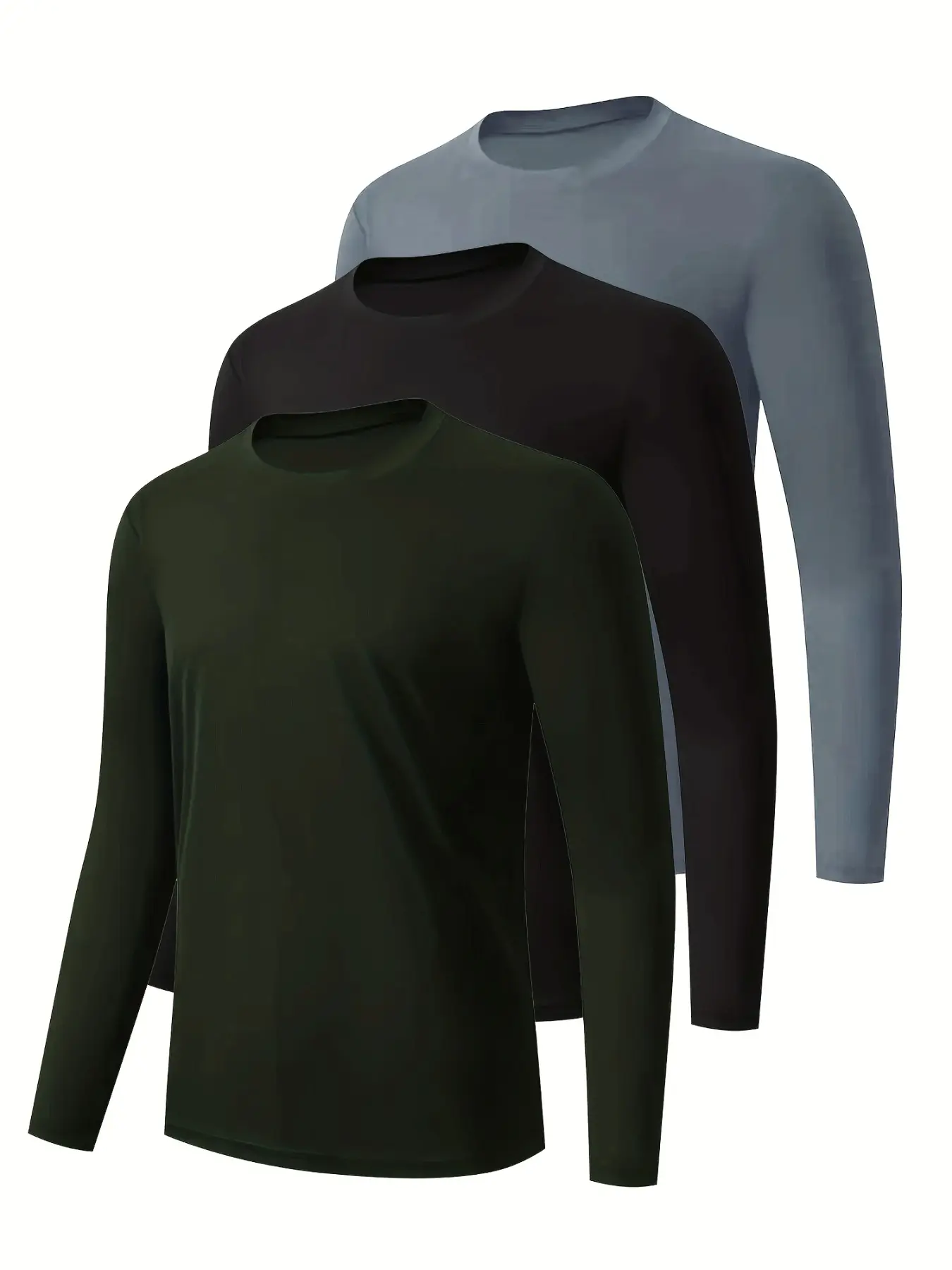 3-Pack Men's Sporty Long Sleeve Shirts, Quick-Dry Fitness Workout Shirt, Loose-Fit Outdoor Apparel, Army, All Seasons