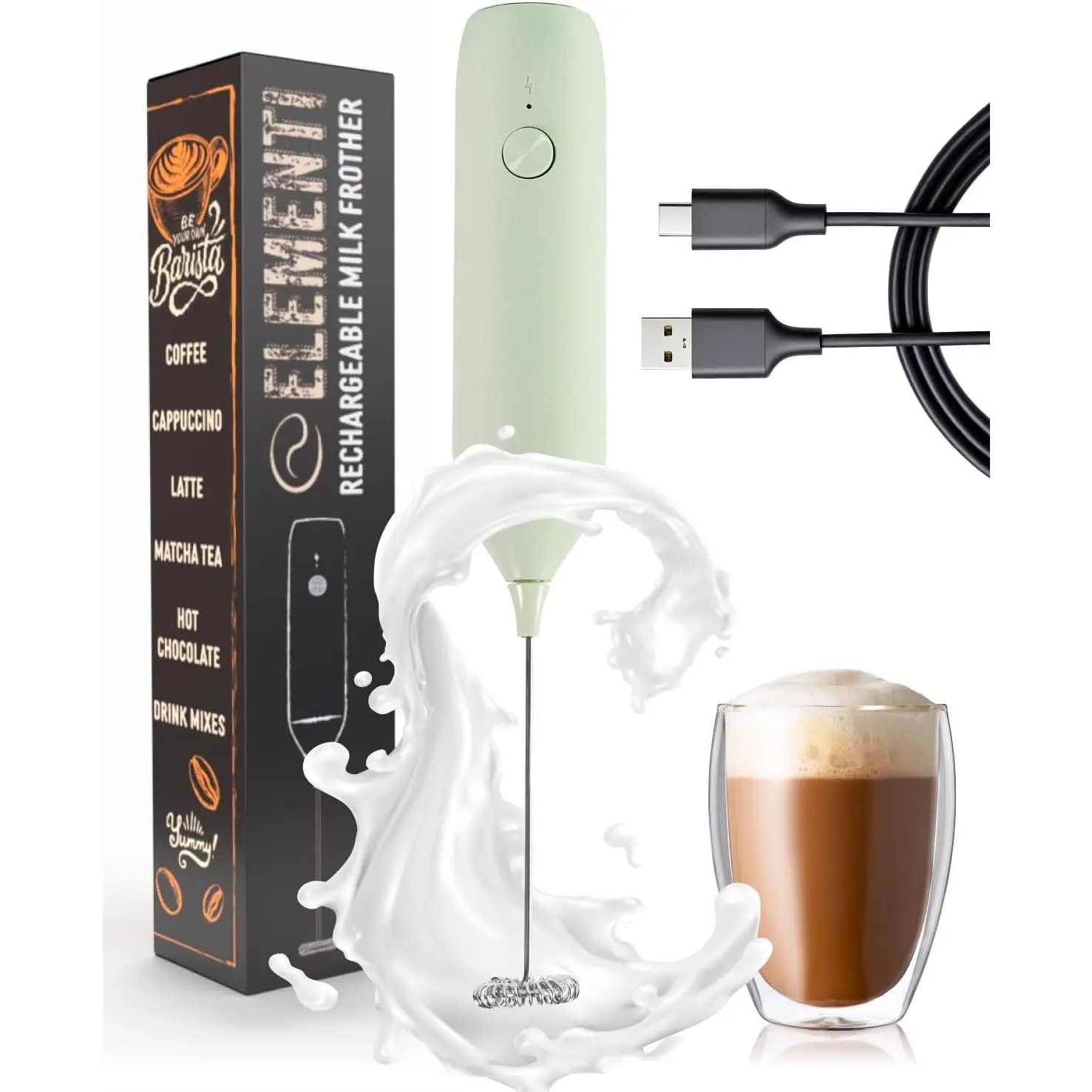 Milk Frother Wand Rechargeable Drink Mixer -  USB-C Rechargeable Frother & Coffee Stirrers Electric - Hand Held Whisk to Make  Cappuccinos, Lattes & Drink Mixes at