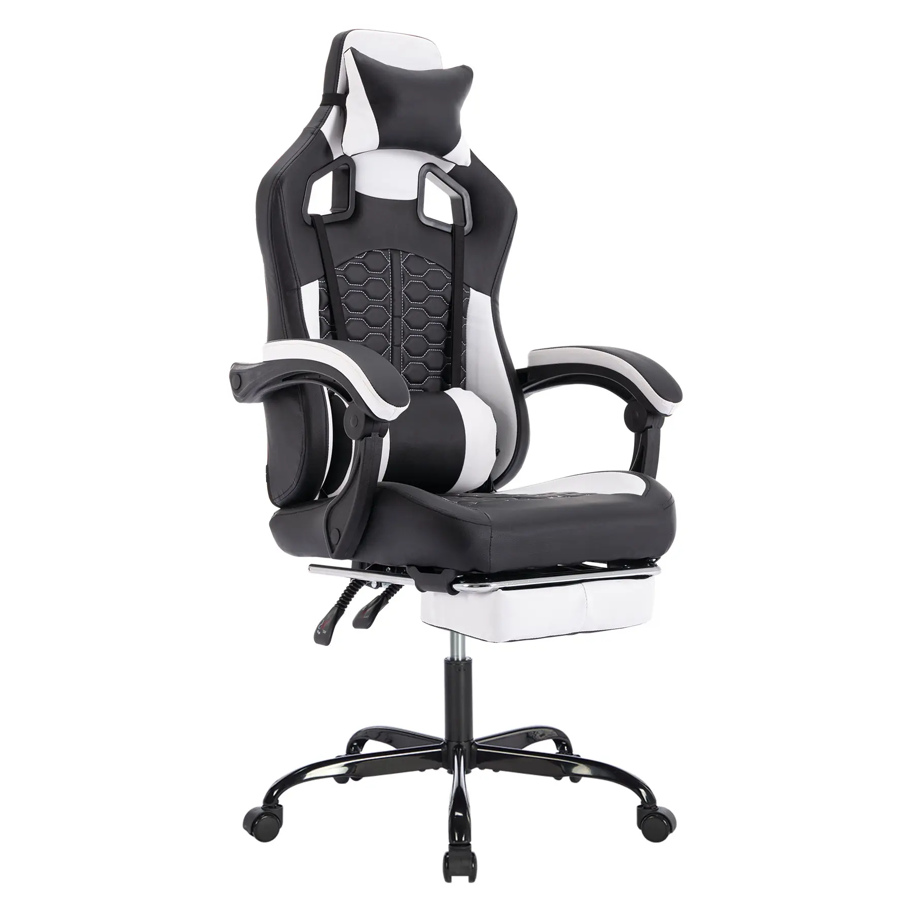 ARCH Ergonomic Gaming Chair with Massage and Footrest, High Back PC Gaming Chair with Adjustable Lumbar Support and Headrest, PU Leather, 300LBS Capacity, Black White, for Home Office or Gaming Room, Black White Color Options, Leather Material