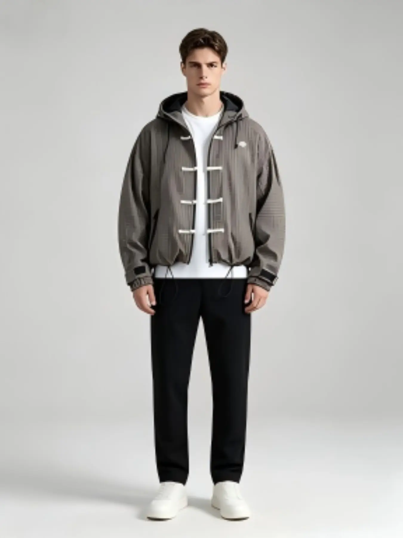 Men's Retro Plaid Hooded Jacket, New Chinese Style Button Detail, Windproof Drawstring, Versatile Fashion Outerwear for Men