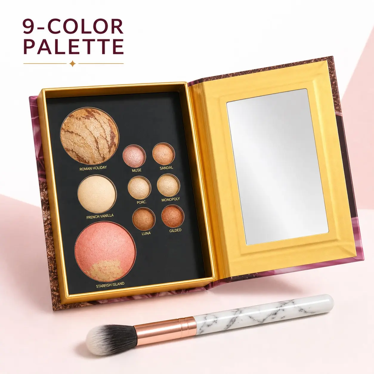 9-Color Eyeshadow Palette with Mirror and Brush, Matte, Shimmer, Highlighter, Long-Lasting, Smoky and Daily Makeup, Single Item
