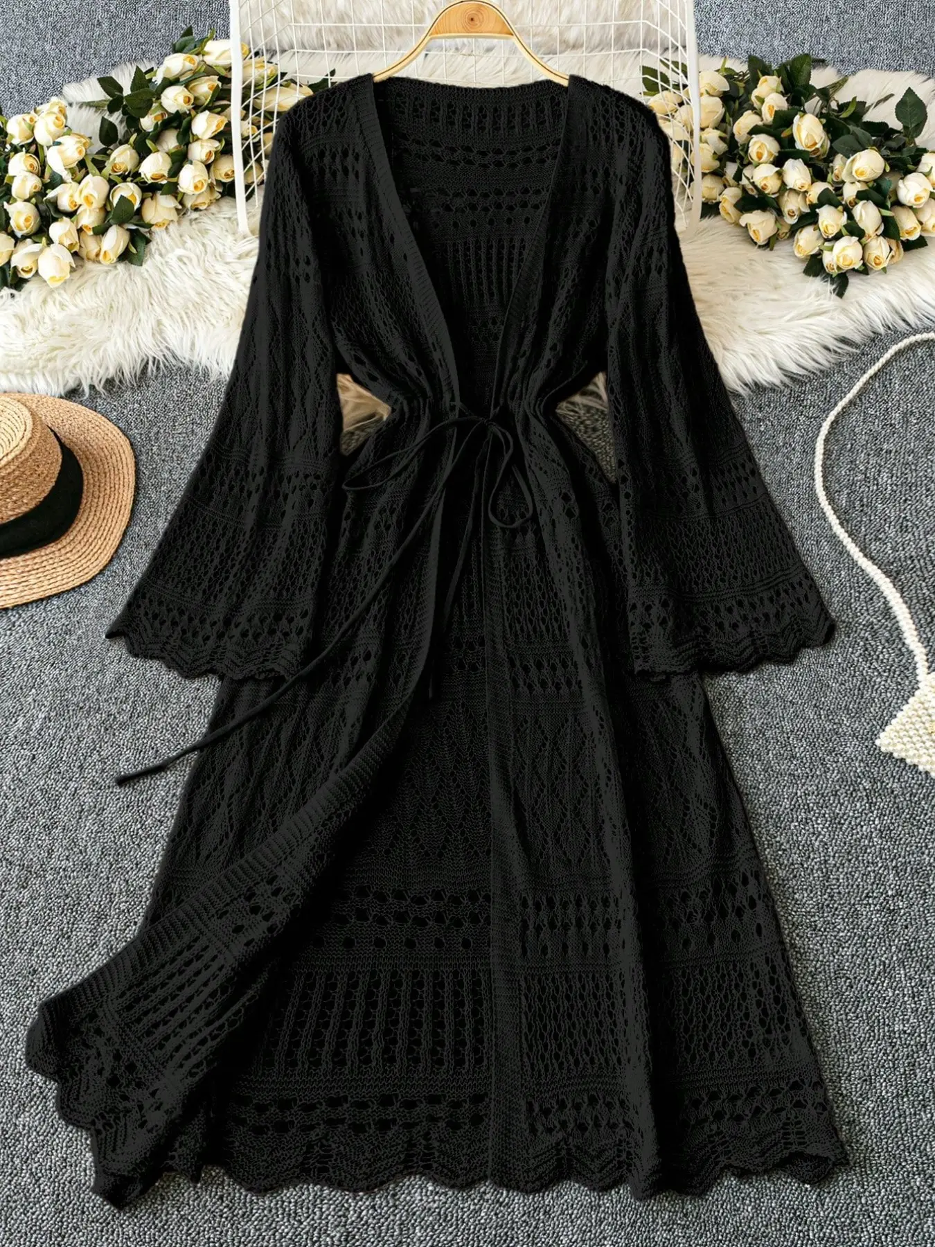 Women's Elegant Sexy Hollow Out Open Front Long Sleeve Beach Vacation Summer Top, Casual Chic Design for Women, Perfect for Warm Weather, Casual Cover Up, Beachwear Cover Up