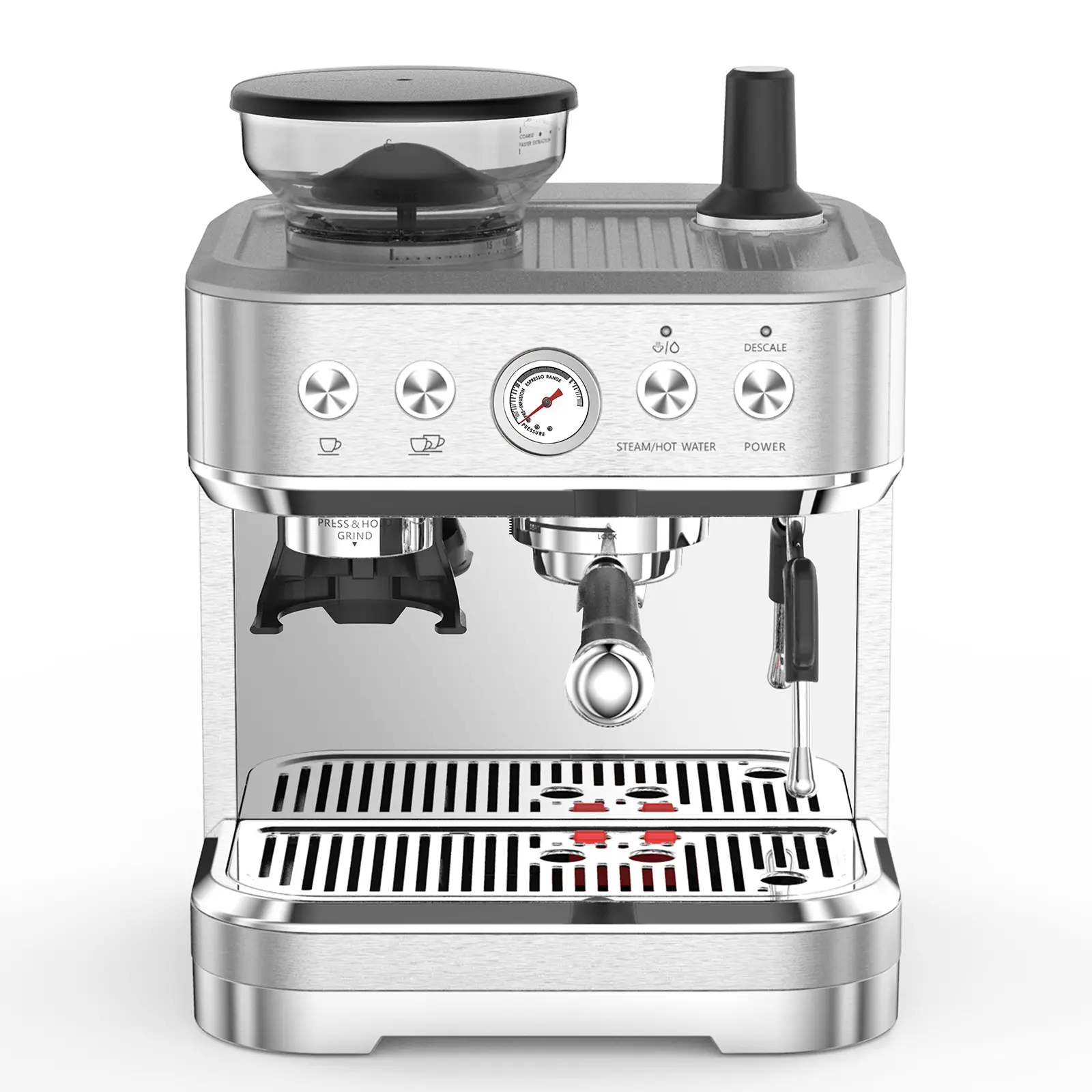 Stainless Steel Bean-to-Cup Espresso Machine with Burr Grinder – 15-Bar Pump, PID Temperature Control, 0.6 Gallon Water Tank, Silver