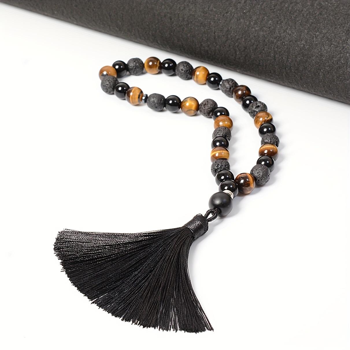Handcrafted Bracelet Featuring 33 Beads Made of 10Mm Black Agate And Tiger'S Eye, Designed for Islamic Prayer And Pilgrimage. This Natural Stone Misbahah Serves As a Beautiful Accessory for Both Men And Women